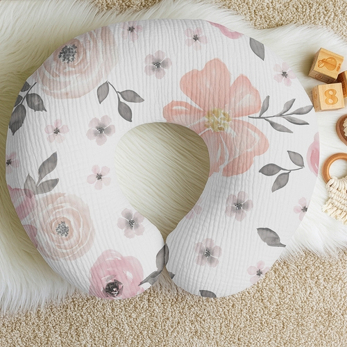 Watercolor Floral Pink and Grey Collection 2 Pack 100% Cotton Muslin Nursing Breastfeeding Pillow Cover Cases (Pillow Not Included) - alt image 3