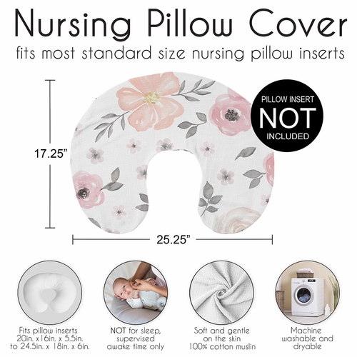 Watercolor Floral Pink and Grey Collection 2 Pack 100% Cotton Muslin Nursing Breastfeeding Pillow Cover Cases (Pillow Not Included) - alt image 5