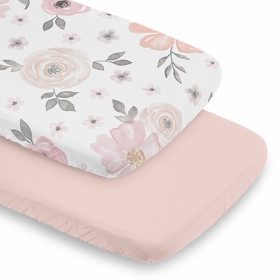 Watercolor Floral Pink and Grey Collection 2 Pack Baby Bassinet Fitted Sheets