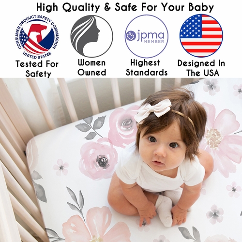 Watercolor Floral Pink and Grey Collection 3 Pack Crib Sheets - alt image 1