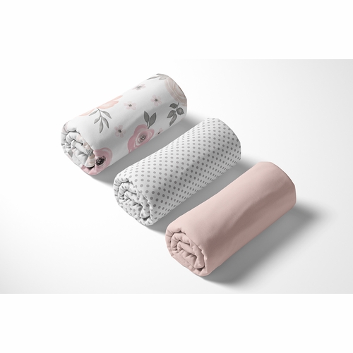 Watercolor Floral Pink and Grey Collection 3 Pack Crib Sheets - alt image 4