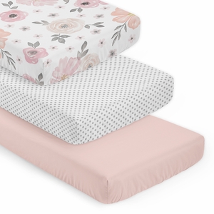 Watercolor Floral Pink and Grey Collection 3 Pack Crib Sheets