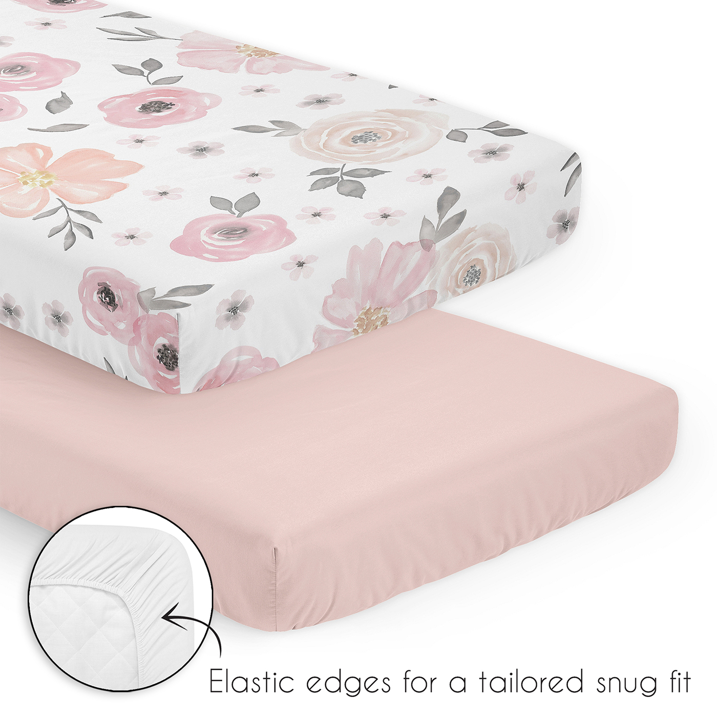Watercolor Floral Pink and Grey Collection 3 Piece Mini Crib Bedding Set