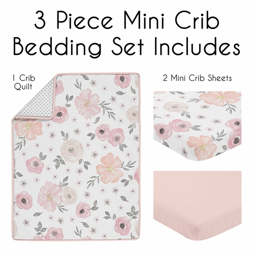 Watercolor Floral Pink and Grey Collection 3 Piece Mini Crib Bedding Set - alt image 1