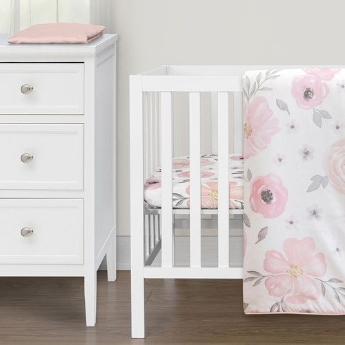 Watercolor Floral Pink and Grey Collection 3 Piece Mini Crib Bedding Set - alt image 4
