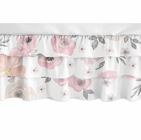 Watercolor Floral Pink and Grey Collection 3 Tiered Crib Bed Skirt