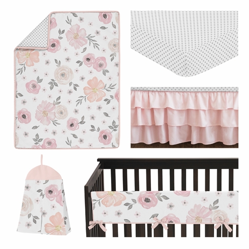 Watercolor Floral Pink and Grey Collection 5 Piece Crib Bedding - alt image 1