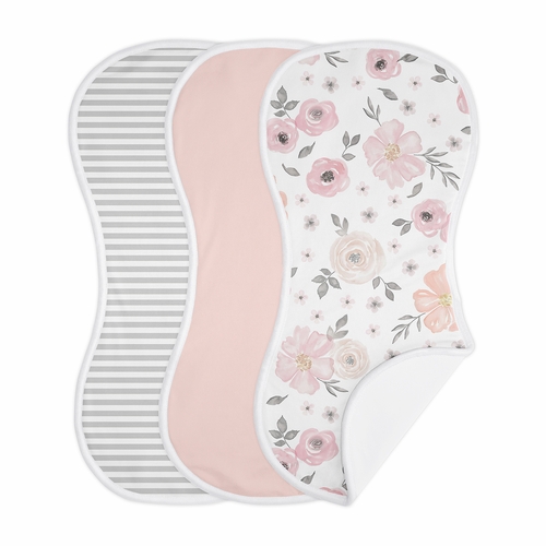 Watercolor Floral Pink and Grey Collection Absorbent Burp Cloths - 3 Pack Set