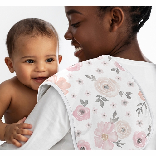 Watercolor Floral Pink and Grey Collection Absorbent Burp Cloths - 3 Pack Set - alt image 1