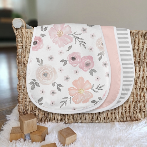 Watercolor Floral Pink and Grey Collection Absorbent Burp Cloths - 3 Pack Set - alt image 2