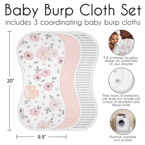Watercolor Floral Pink and Grey Collection Absorbent Burp Cloths - 3 Pack Set - alt image 5