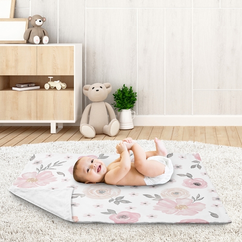 Watercolor Floral Pink and Grey Collection Baby Blanket - alt image 2