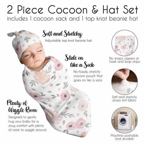 Watercolor Floral Pink And Grey Collection Baby Cocoon and Beanie Hat - 2 Piece Set - alt image 5