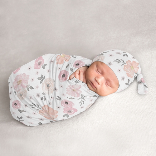 Watercolor Floral Pink And Grey Collection Baby Cocoon and Beanie Hat - 2 Piece Set
