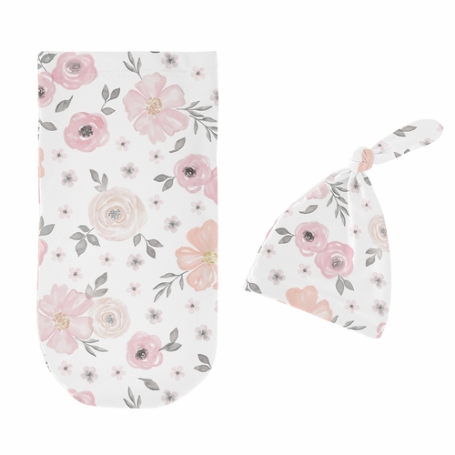 Watercolor Floral Pink And Grey Collection Baby Cocoon and Beanie Hat - 2 Piece Set - alt image 1