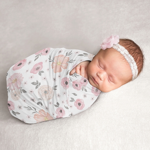 Watercolor Floral Pink And Grey Collection Baby Swaddle Blanket