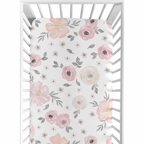 Watercolor Floral Pink and Grey Collection Cotton Crib Sheet - 100% Cotton