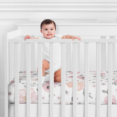 Watercolor Floral Pink and Grey Collection Cotton Crib Sheet - 100% Cotton - alt image 1
