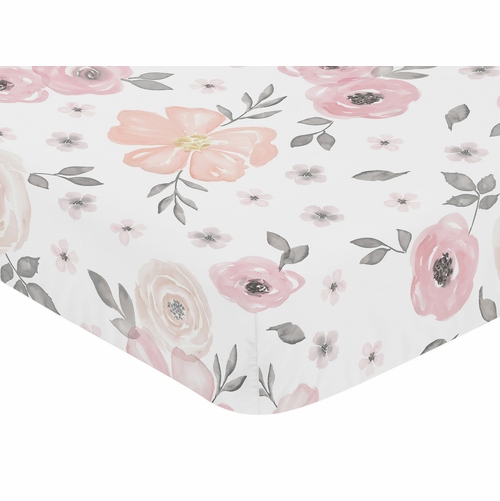 Watercolor Floral Pink and Grey Collection Cotton Crib Sheet - 100% Cotton - alt image 2