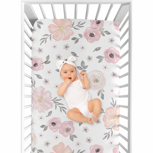 Watercolor Floral Pink and Grey Collection Cotton Crib Sheet - 100% Cotton - alt image 3