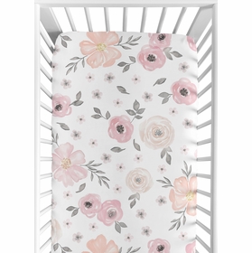 Watercolor Floral Pink and Grey Collection Crib Sheet - Flower Print