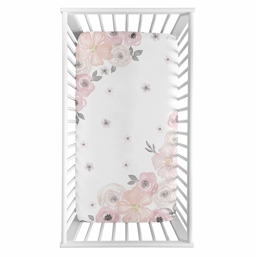Watercolor Floral Pink and Grey Collection Crib Sheet - Photo Op Print - alt image 1