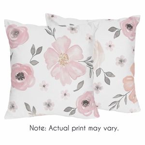 Watercolor Floral Pink and Grey Collection Decorative Accent Throw Pillow Covers - Set of 2