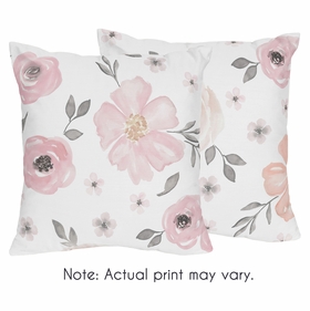 Watercolor Floral Pink and Grey Collection Decorative Accent Throw Pillow Covers - Set of 2