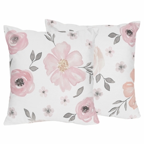 Watercolor Floral Pink and Grey Collection Decorative Accent Throw Pillow Covers - Set of 2