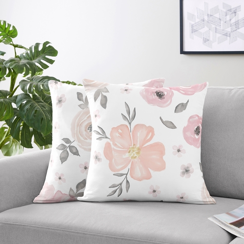 Watercolor Floral Pink and Grey Collection Decorative Accent Throw Pillow Covers - Set of 2 - alt image 2