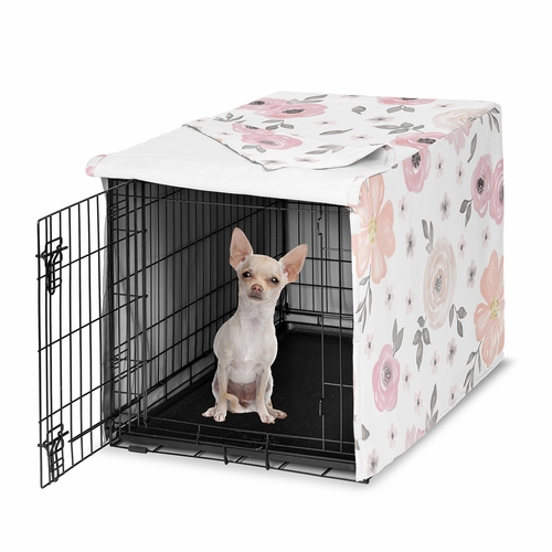 Watercolor Floral Pink and Grey Collection Dog Crate Kennel Cover 24in.