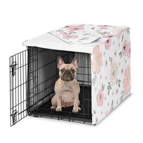 Watercolor Floral Pink and Grey Collection Dog Crate Kennel Cover 30in.