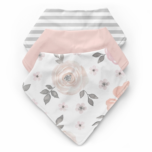 Watercolor Floral Pink and Grey Collection Fabric Bandana Baby Bibs - 3 Pack Set