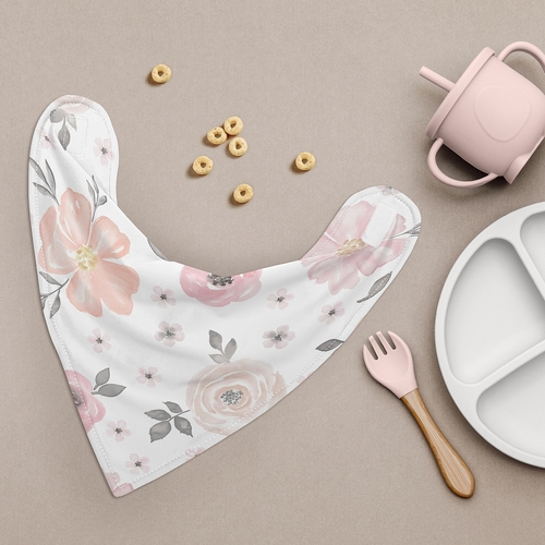 Watercolor Floral Pink and Grey Collection Fabric Bandana Baby Bibs - 3 Pack Set - alt image 1