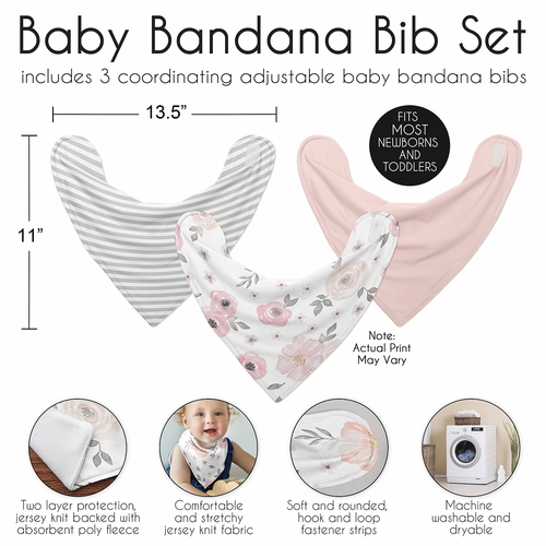 Watercolor Floral Pink and Grey Collection Fabric Bandana Baby Bibs - 3 Pack Set - alt image 2