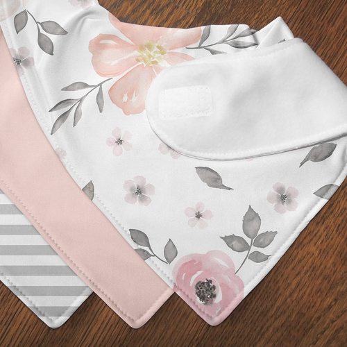 Watercolor Floral Pink and Grey Collection Fabric Bandana Baby Bibs - 3 Pack Set - alt image 4