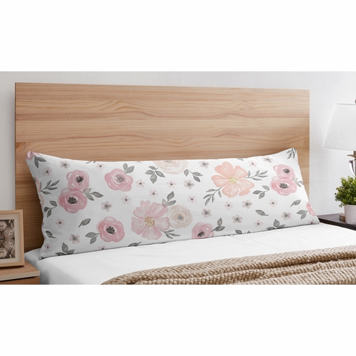 Watercolor Floral Pink and Grey Collection Full Length Body Pillow Cover - alt image 1