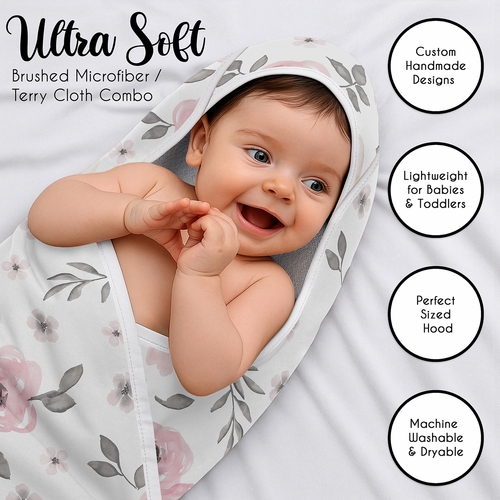 Watercolor Floral Pink and Grey Collection Hooded Baby Towels - Toddler Bath Towel - alt image 4