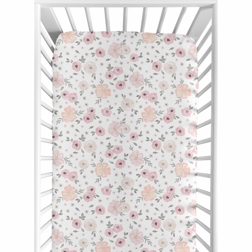 Watercolor Floral Pink And Grey Collection Jersey Knit Crib Sheet