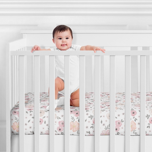 Watercolor Floral Pink And Grey Collection Jersey Knit Crib Sheet - alt image 1