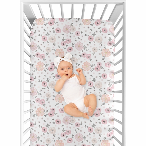 Watercolor Floral Pink And Grey Collection Jersey Knit Crib Sheet - alt image 3