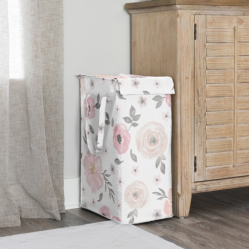 Watercolor Floral Pink And Grey Collection Laundry Hamper with Handles - alt image 1