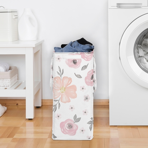 Watercolor Floral Pink And Grey Collection Laundry Hamper with Handles - alt image 2