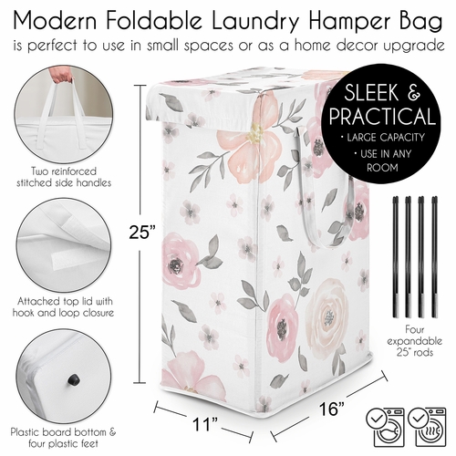 Watercolor Floral Pink And Grey Collection Laundry Hamper with Handles - alt image 4