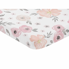 Watercolor Floral Pink and Grey Collection Mini Crib Sheet