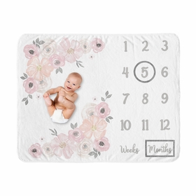 Watercolor Floral Pink And Grey Collection Monthly Milestone Baby Blanket