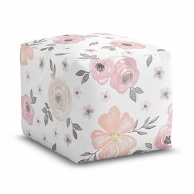 Watercolor Floral Pink and Grey Collection Ottoman Pouf Cover
