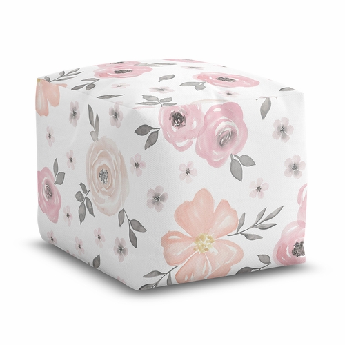 Watercolor Floral Pink and Grey Collection Ottoman Pouf Cover