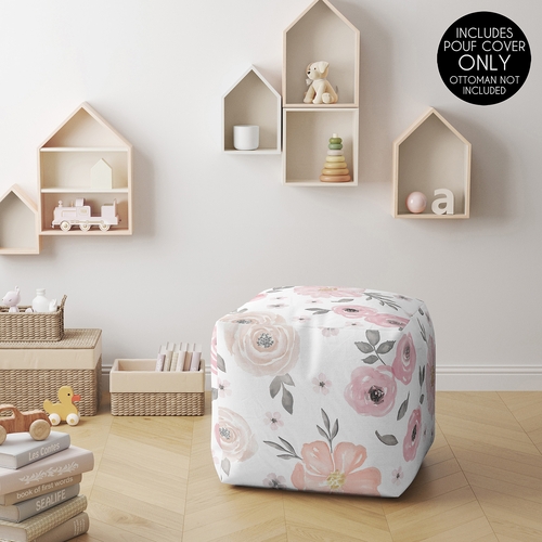 Watercolor Floral Pink and Grey Collection Ottoman Pouf Cover - alt image 1