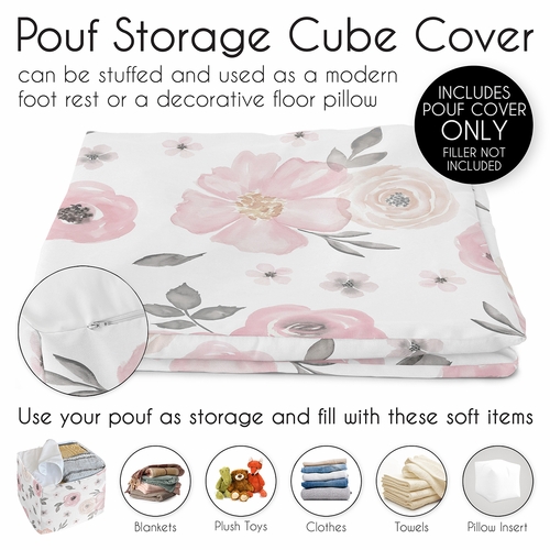 Watercolor Floral Pink and Grey Collection Ottoman Pouf Cover - alt image 4